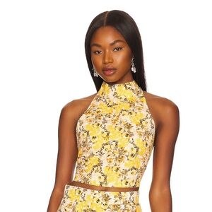 Something Navy Yellow Floral Halter Top Open Back Tie Crop Linen Blend Size M